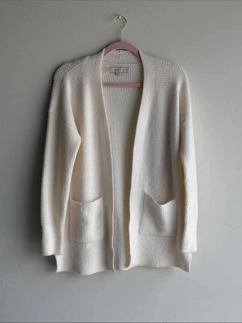 LOFT Women’s XS Ivory Cream Open Front Longline Waffle Knit Cardigan sweater